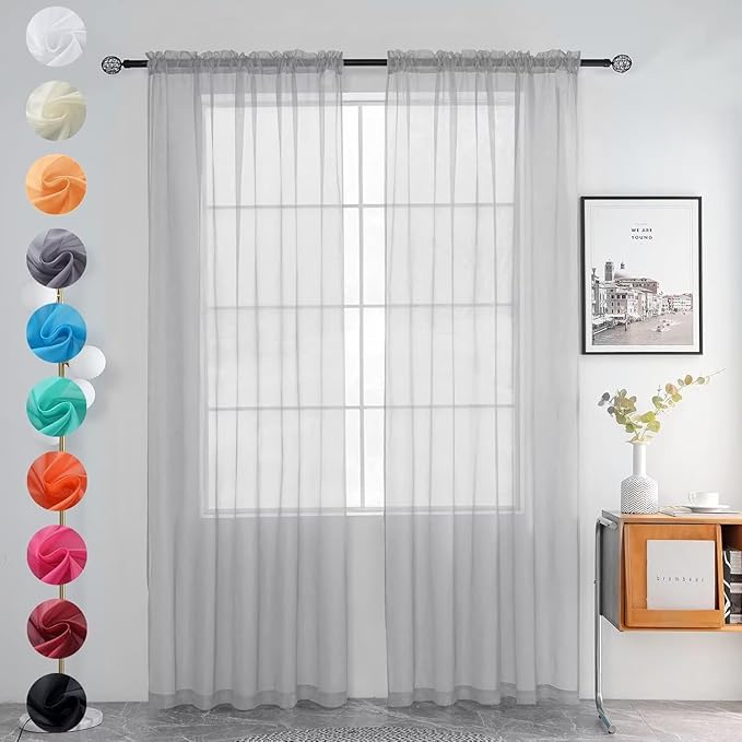 youleyar Solid Sheer Rod Pocket Curtain Voile Draperies 2 Panels White Beige Black Grey Ivory 52 Inch Width 90 Inch Long 1 Pair for Kitchen Bedroom Children Living Room Yard (Silver Grey,52Wｘ90L)