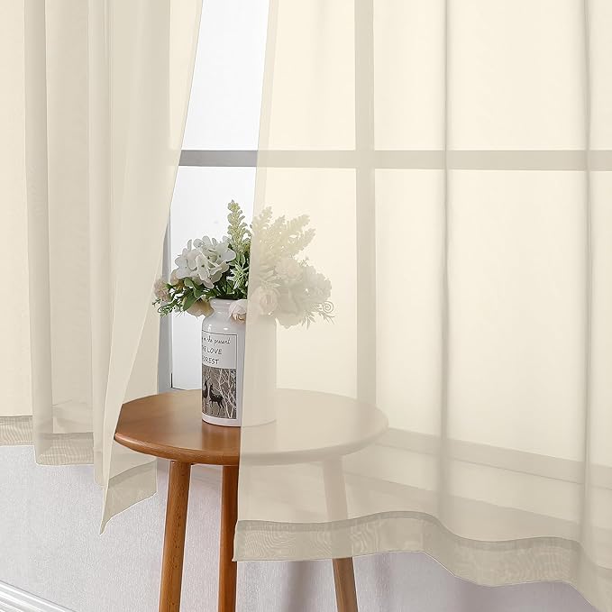 Gwine Cream Sheer Curtain Tiers 24 Inch Length 2 Panels, Light Filtering Voile Short Curtain for Living Room Bedroom, Rod Pocket Curtains for Small Windows 42x24 Inch, 2PCS