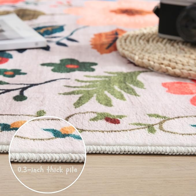 Rugcomf Bedroom Rug 3x5 Rug Washable Area Rug Non Slip Low Pile Boho Floral Small Carpet for Bedroom, Bedside, Kitchen, Entryway, Kids Room, Office, College Dorm Essentials for Girls(Beige)