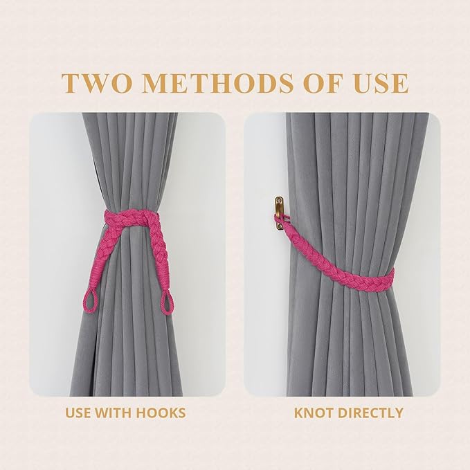 NICEEC 2 Pack Natural Cotton Rope Curtain Tiebacks Elegant Boho Style Decorative Drape Tie Backs Soft Hand-Woven Rope Curtain Holdbacks with Metal Hook for Home & Office Drapery (Rose Red)