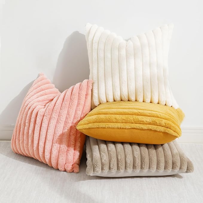 decorUhome Summer Cozy Faux Fur Throw Pillow Covers 18x18 Set of 2 Decorative Plush Striped Modern Farmhouse Boho Couch Pillow Cases with Velvet Back for Sofa Bed Living Room, Blush Pink