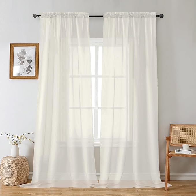 Gwine Ivory Sheer Curtains 96 Inches Long 2 Panels, Elegant Window Treatments Voile Curtains for Living Room, Light Filtering Rod Pocket Sheer Drapes, Each 42" Wx96