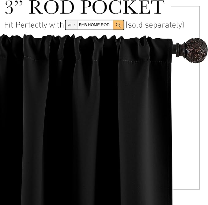 RYB HOME Blackout French Door Window Curtain Covering, Rod Pocket Thermal Insulated Privacy Non See Through Drapes for Bathroom Window, Width 29 by Length 45, Black, 2 Panels