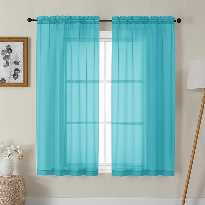 Gwine Turquoise Sheer Curtains 63 Inch Length for Living Room 2 Panels, Light Filtering Rod Pocket Window Curtain Treatment for Bedroom, Voile Elegant Sheer Drapes，Each 42" Wx63 L, Turquoise