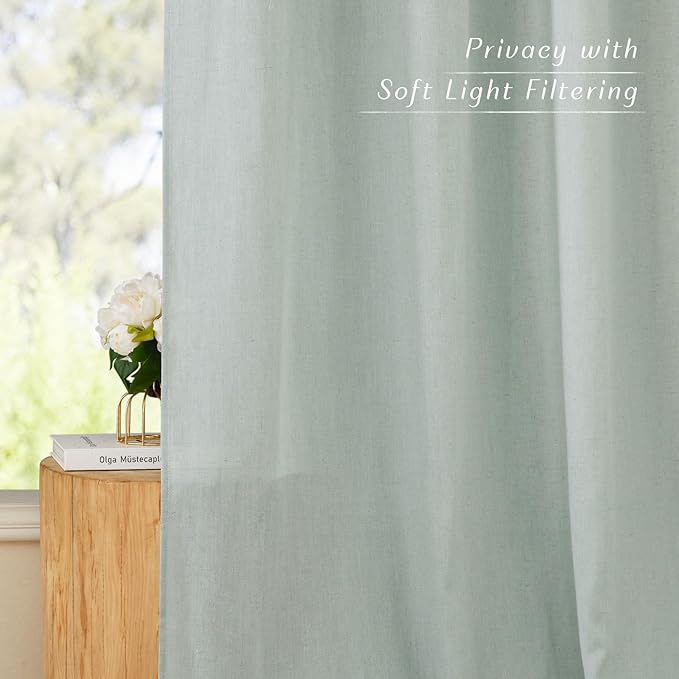 NICETOWN Linen Curtains 96 inches Long for Living Room, Grommet Semi Sheer Drapes Linen Weave Window Treatments Privacy Added with Light Filtering for Bedroom, Sage Green, W34 x L96, 2 Panels