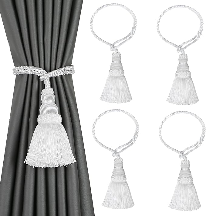 Fenghuangwu 4 Pack Curtain Tie Backs Rope Tassels for Curtains Drape tiebacks Handmade Outdoor Home and Outdoor Decorative(White,4p)