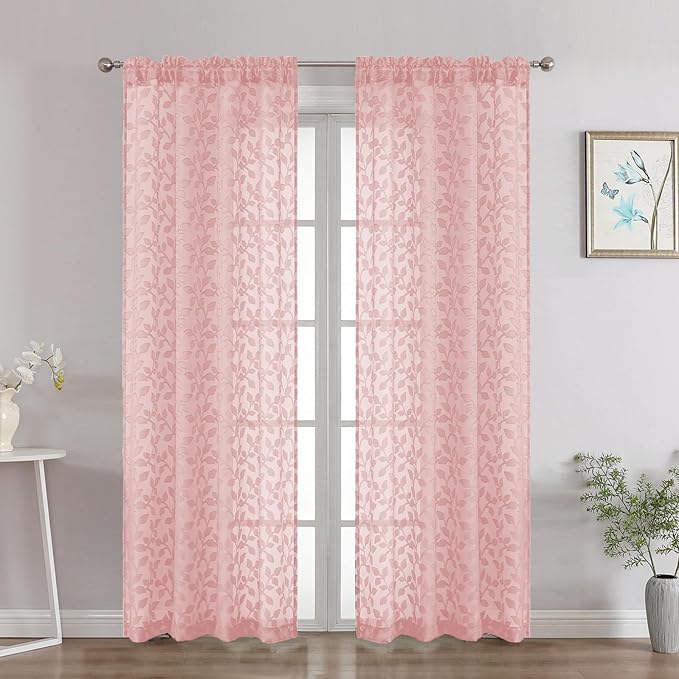 Chyhomenyc Blush Pink Sheer Curtains 72 Inches Long 2 Panels Set, Light Filtering Tufted Textured Soft Airy Rod Pocket Elegant Leaf Window Treatment Drapes for Bedroom Living Room, 42" Wx72 L, 2PCS