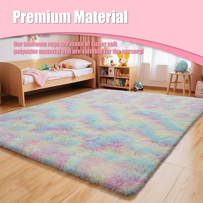 8x10 Fluffy Area Rugs for Living Room,Shag Area Rug for Bedroom,Soft Fuzzy Rug Non-Shedding Indoor Plush Carpet for Kids Bedroom Nursery Home Decor,Rainbow