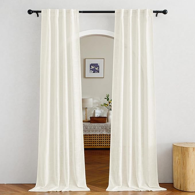 NICETOWN Faux Linen Sheer Curtains 80 inch Length for Doorway, Rod Pocket & Back Tab Semi Sheer with Light Through Window Treatments for Farmhouse/Bedroom, Natural, W34 x L80, Set of 2