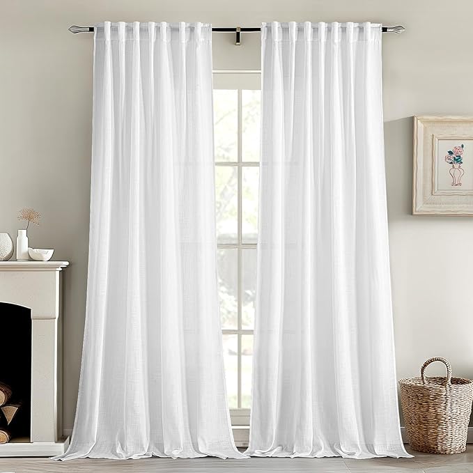 MIULEE White Linen Curtains 84 Inches Long 2 Panels for Bedroom Living Room, Soft Linen Textured Back Tab Window Drapes Semi Sheer Light Filtering Rod Pocket Modern Farmhouse Decor 37x84 Inch