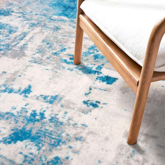 KOZYFLY Modern Abstract Area Rugs 8x10 Turquoise/Beige/Grey/Yellow Machine Washable Thin Rug for Bedroom Non-Slip Living Room Rug, Faux Wool Soft Low Pile Carpet for Dining Room, Bedroom, Bathroom
