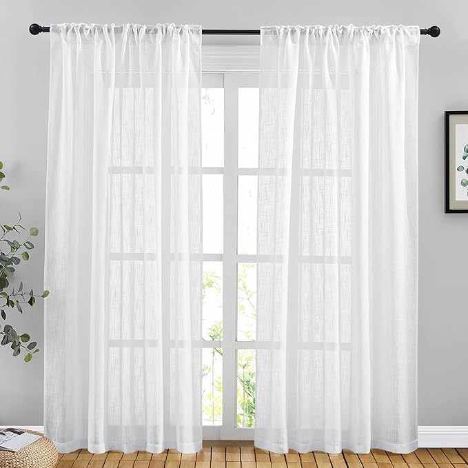 NICETOWN Semi Sheer Curtains 84 inches Length, Rod Pocket & Back Tab Linen Sheer Curtains Window Treatments Privacy with Light Filter for Farmhouse/Home Office, White, 132" Wide Total 2 Pieces