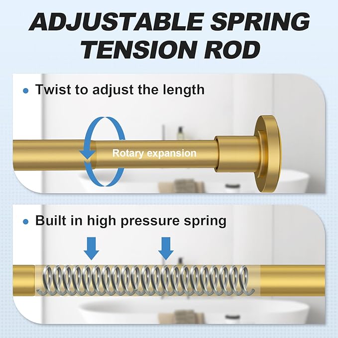 CorkLatta Gold Shower Curtain Rod 31 to 80 Inch,1 Inch Diameter Adjustable Spring Tension Stainless Steel Telescoping Rod,Easy Install,No Rust