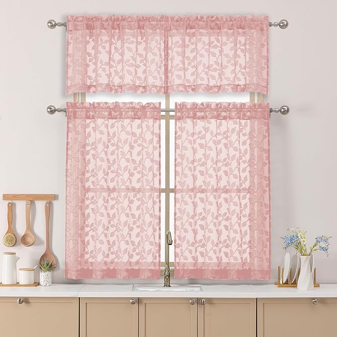 Chyhomenyc Blush Pink Sheer Valances for Windows 14 Inch Length 2 Pcs, Light Filtering Leaf Textured Cafe Short Kitchen Curtains, Top Small Curtain for Living Room Bedroom Basement, 42" W x 14" L