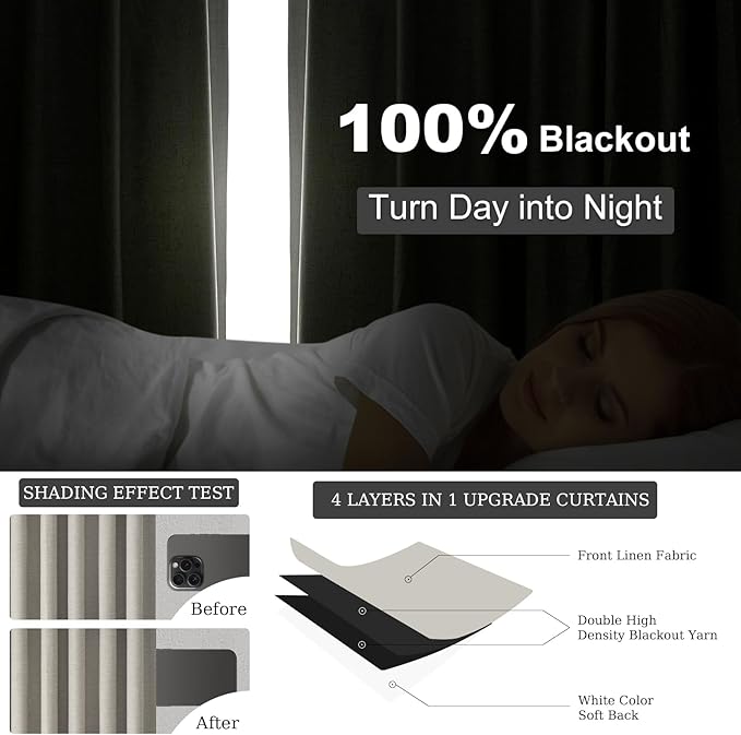 Flax Grey Blackout Curtains 95 Inch Length 2 Panels for Dining Room Darkening Curtain for Bedroom Linen Textured 100% Black Out Sunblock Light Blocking Long Drapes for Living Room Patio Door Back Tab