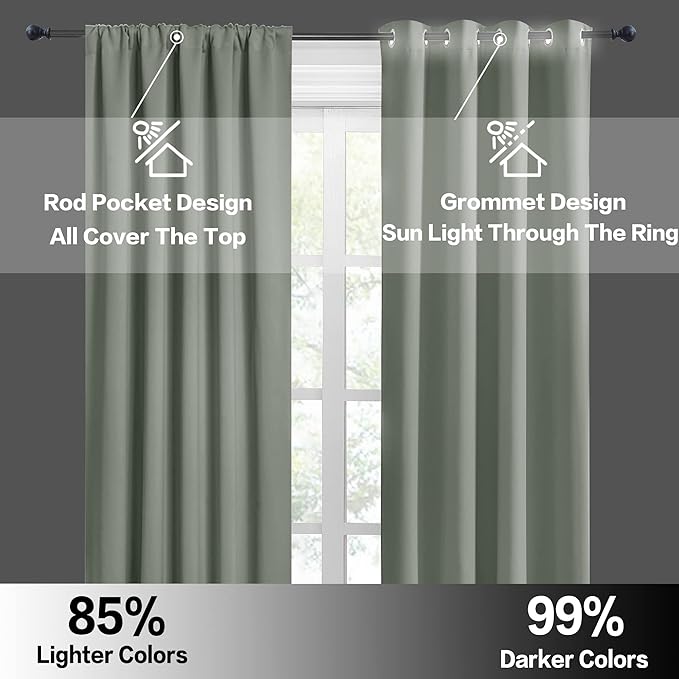 RYB HOME Short Blackout Curtains for Bedroom, Room Darkening Insulated Summer Heat Light UV Blocking Energy Saving Drapes for Nursery, Width 34 by Length 48, Greyish Green, Set of 2