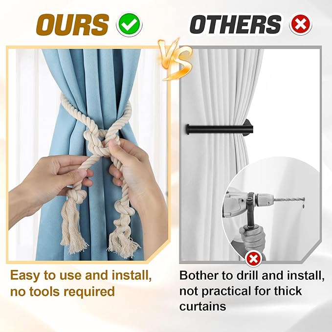 8 Pcs Hand Woven Curtain Tiebacks No Drilling - Boho Drape Holdbacks Rope for Black Blue Light Color Curtains, Decorative Ties for Outdoor Yard Garden Farmhouse Drapery, Beige