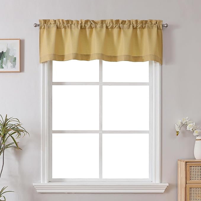 Chyhomenyc Gold Valance for Windows, Light Filtering Faux Linen Solid Short Curtain Valance, Burlap Decorative Small Curtain for Kitchen Bathroom Laundry Basement, 60Wx12L inch, 1 Piece
