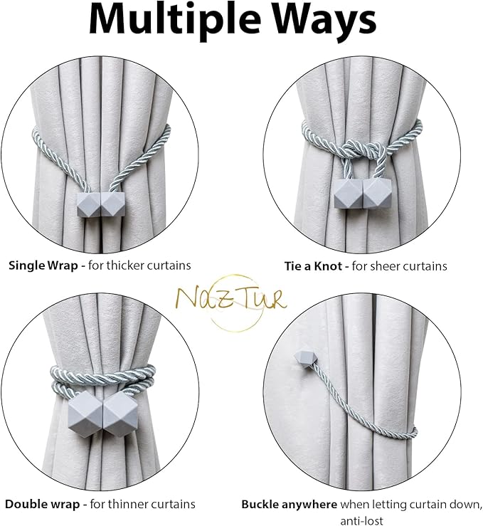NazTur Magnetic Curtain Tiebacks- Upgrade 2022 with a Thicker Twist Rope & Strong Magnet Tieback Window Treatment Holdbacks Draperies Holders Decorative Drape Handmade Tie Back (Grey, 4)