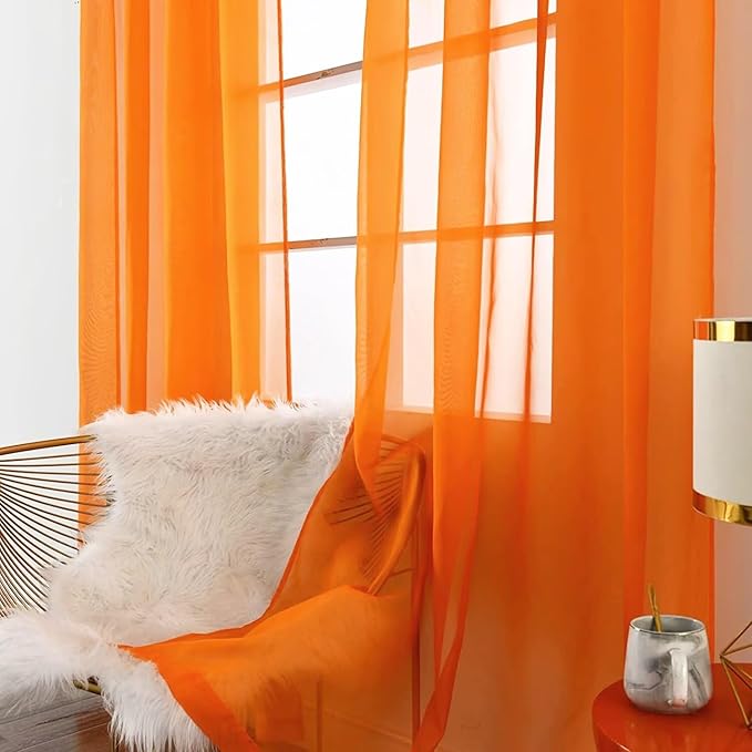 SpaceDresser Orange Sheer Curtains 4 Panels Rod Pocket Semi-Sheer Curtain 84 Inches Long Light Filtering Voile Window Drapes for Bedroom Living Room Kitchen, Each 52W x 84L