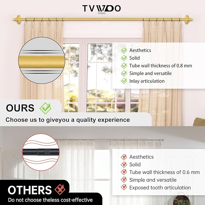 TVWOO Gold Wrap Around Curtain Rods:5/8" Small Blackout Adjustable Window Curtain Rod for Bedroom Kitchen Apartment Renter Friendly,Room Darkening Curved Drapery Rods Easy Install,Brass Golden 48-90"