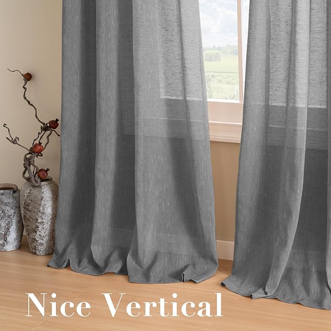 H.VERSAILTEX Linen Curtains Nickel Grommet Natural Linen Semi-Sheer Curtains 2 Panels Privacy Added Premium Soft Rich Material Drapes for Bedroom/Living Room - 37x84 Inch- Charcoal Grey