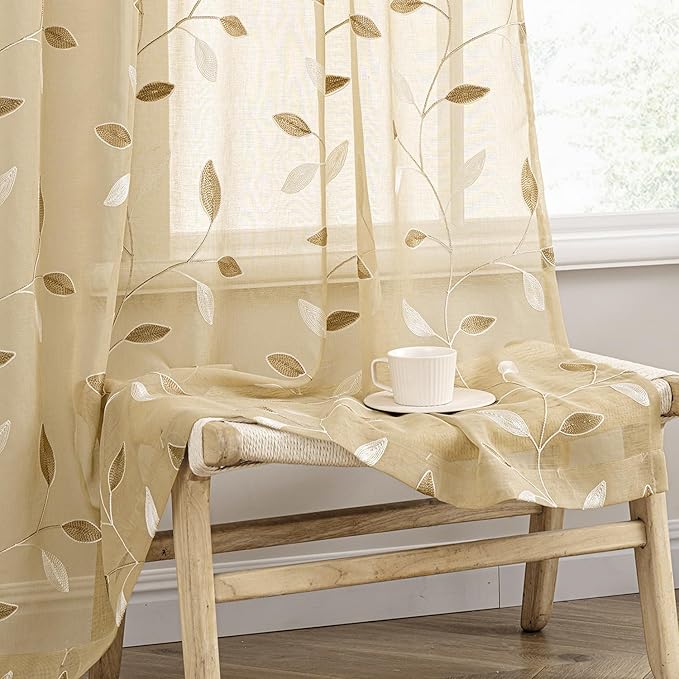 MIULEE Beige Sheer Curtains 2 Panels Embroidered Leaf Patterned Rod Pocket Floral Semi Sheer Faux Linen Window Curtains Drapes Set for Living Room Bedroom Dining Room, 52x63 Inches Length