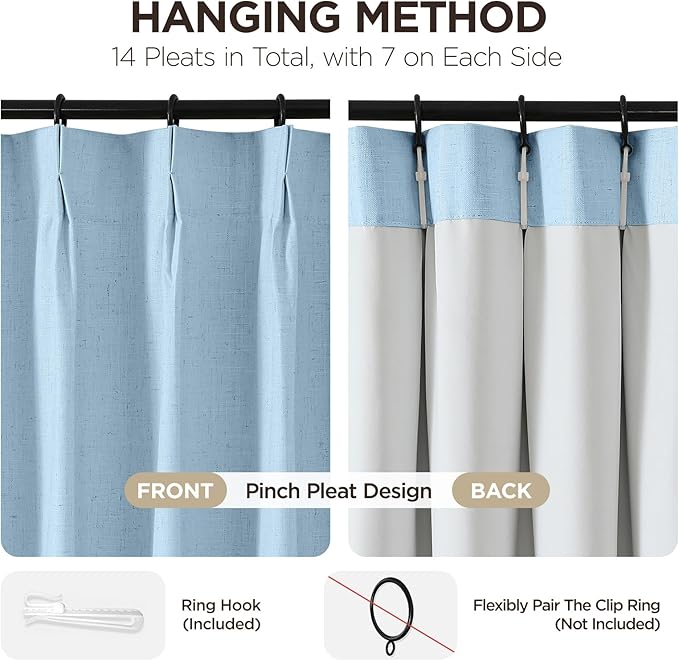 Joydeco Pinch Pleated Linen Curtains Darkening Drapes for Bedroom, 100% Blackout Drapes 96 inches Long 2 Panels Heat Blocking Curtains(Chambray Blue,40'' Wx96'' L)