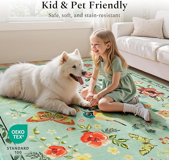 Rugflix 2x6 Runner Rug for Hallway, Washable Kitchen Runner Non Slip, Soft Low Pile Entryway Carpet, Vintage Floral Stain Resistant Long Laundry Room Rugs for Bedroom, Stairs, Green