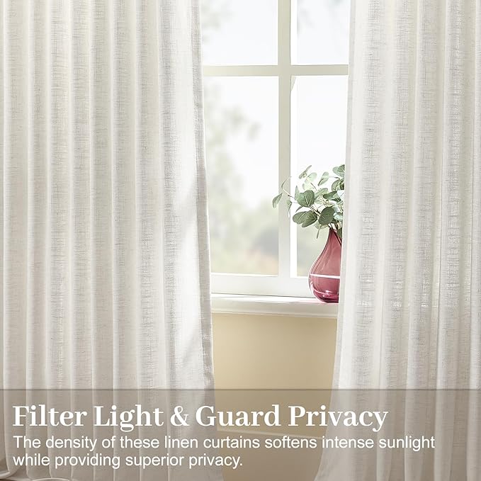 Pinch Pleated Sheer Curtains 84 Inches Long for Living Room, Linen Blend Curtain Rustic Textured Light Filtering Back Tab Drapes with Hook Rings for Bedroom Office, Beige White, W40xL84, 2 Panels