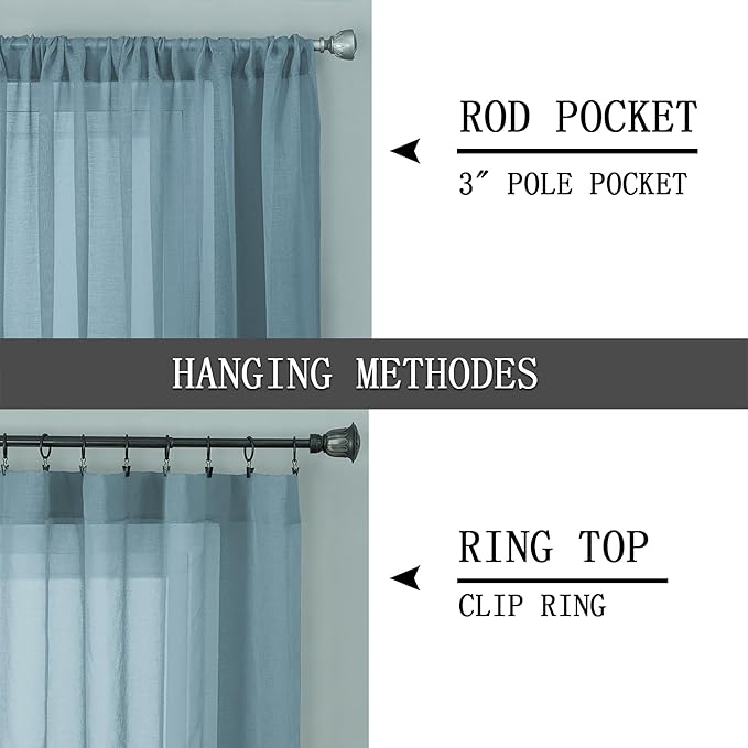Tollpiz Sheer Curtains Bedroom Linen Textured Curtain Sheers Light Filtering Voile Rod Pocket Curtains for Living Room, 38 x 84 inches Long, Dusty Blue, Set of 2 Panels