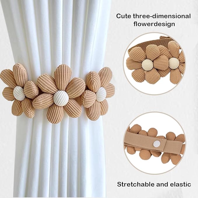 SRG Sunflower Curtain Tiebacks-2 Pack | Curtain Holdbacks with Three Flower | Curtain Tiebacks Boho | Japanese Curtain Ties | Cute Flower Curtain Ties Decorative for Bedroom Window Treatment （Khaki）