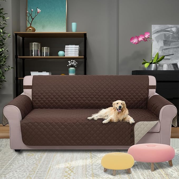 U-NICE HOME Reversible Sofa Cover Couch Cover for Dogs with Elastic Straps Water Repellent Furniture Protector for Pets Couch Cover for 3 Cushion Couch (Sofa, Coffee/Beige) (Pack of 2)