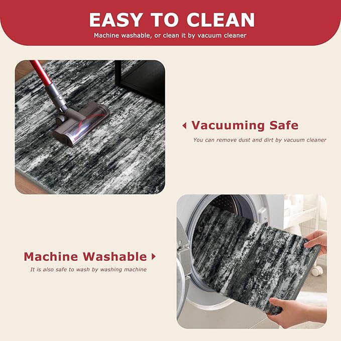 KOZYFLY Modern Abstract Washable Rug Runner 2.6x10 Hallway Rug Runner Non-Slip Soft Kitchen Runner Rugs, Black Grey Striped Carpet for Entryway Bathroom Laundry Room Foyer