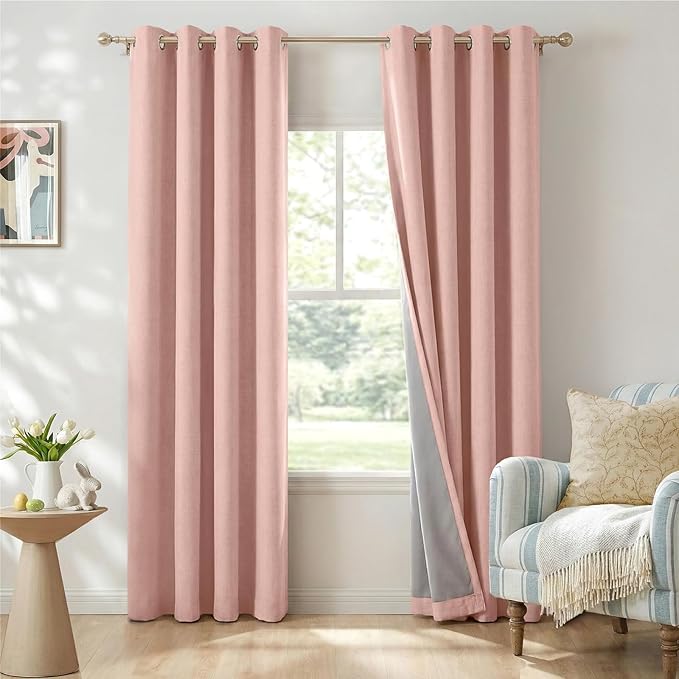 100% Blackout Shield Linen Blackout Curtains for Bedroom, Blush Pink Grommet Curtains for Living Room, Thermal Insulated Room Darkening Drapes for Nursery, Boho Home Decor, 50" W x 96" L, 2 Panels