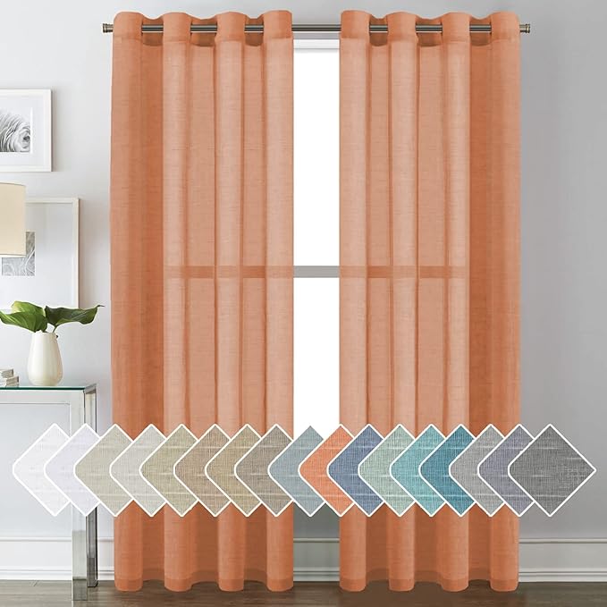 H.VERSAILTEX Linen Curtains Natural Linen Blended Curtain Panels for Living Room/Light Reducing Linen Semi Sheer Curtains 2 Panels Set Nickel Grommet Window Panels (52x84 Inch, Orange)