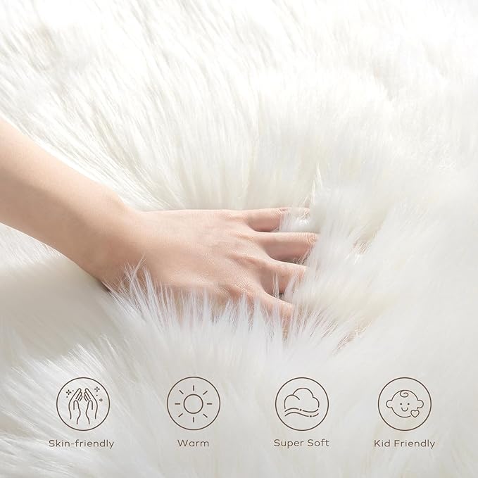 Ashler Faux Fur Rug, Fluffy White Small Sheepskin Rug, Ultra Soft 2x3 Ft Mat, Machine Washable Shag Mats, Nursery Throw for Bed, Living, Kids Room