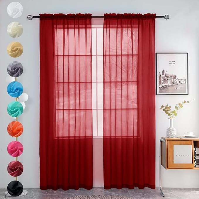 youleyar Solid Sheer Rod Pocket Curtain Voile Draperies 2 Panels White Beige Black Grey Ivory 52 Inch Width 54 Inch Long 1 Pair for Kitchen Bedroom Children Living Room Yard (Christmas Red,52Wｘ54L)