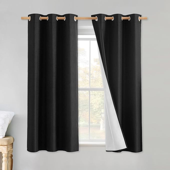 NICETOWN Vintage Open Linen Weave Flax Thermal Curtains, 100% Blackout Curtains 45" Long for Dining Room, Soundproof Window Treatment Drapes for Cafe, Black, 42" Wide Per Panel, Set of 2