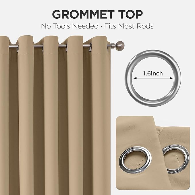 Joydeco Blackout Patio Sliding Door Curtains 108 Inches Long, Grommet Privacy Room Divider Curtains, Extra Wide Thermal Blackout Drapes for Bedroom Living Room (Light Beige, 100Wx108L, 1 Panel)