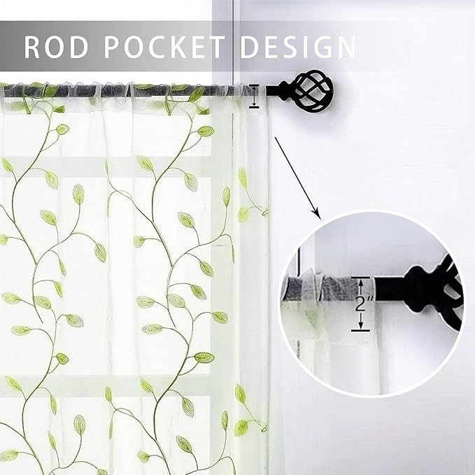 MRTREES Sheer Valance Curtain 54 x 16 inch Leaves Embroidered Sheer Christmas Valances Living Room Window Bedroom Embroidery Rod Pocket Small Window Treatment 1 Panel Green Leaves