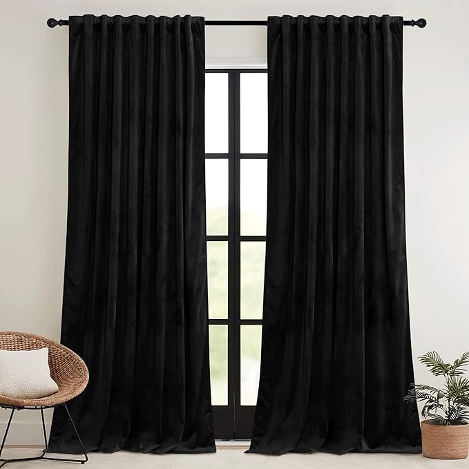RYB HOME Black Velvet Curtains 108 inch, Blackout Window Curtains with Pleat Tape on Top for Bedroom Thermal Insulated Privacy Ceiling Drapes for Living Room, W52 x L108 inch, 2 Panels
