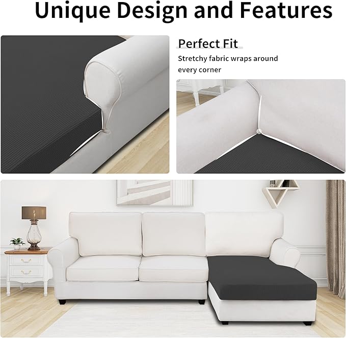 Easy-Going Stretch Sectional Couch Covers 1 Piece Chaise Lounge Slipcover L Shape Separate Cushion Couch Seat Chaise Cover for Both Left/Right Sectional Couch Dark Gray