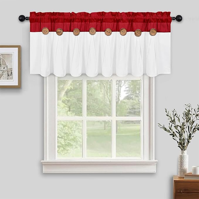 FRAMICS Farmhouse Valance Curtains, Boho Cotton Linen Kitchen Valance, Red Rustic Button Window Valances for Kitchen Bathroom, Country Rod Pocket Valances for Windows, Red and White, 52 x 18 Inch