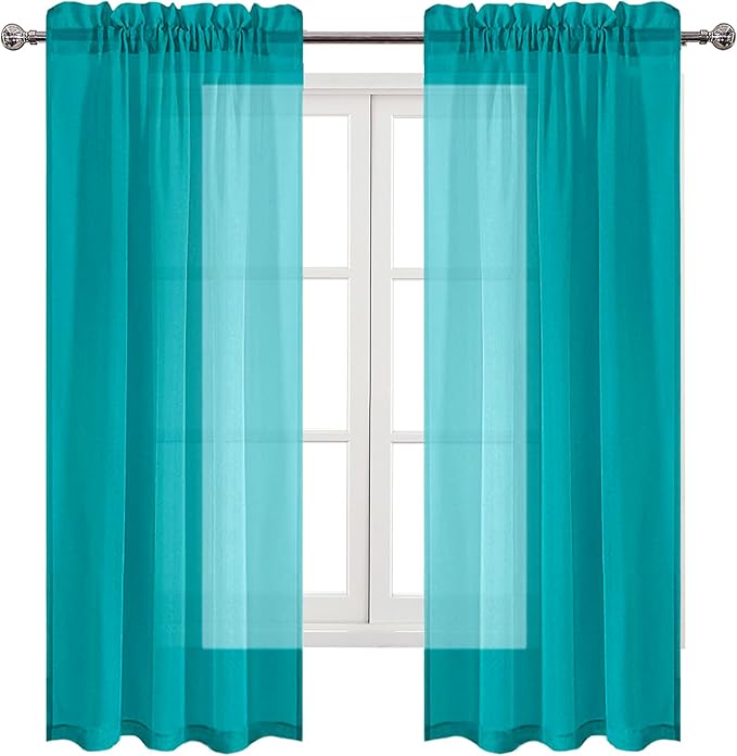 DWCN Turquoise Sheer Curtains Semi Transparent Voile Rod Pocket Curtains for Bedroom and Living Room, 42 x 72 inches Long, Set of 2 Panels