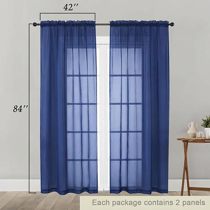 Sheer Curtains 84 Inches Long 2 Panels Set for Bedroom Living Room, Soft Airy Light Filtering Modern Solid Rod Pocket Drapes Window Treatments, Royal Blue, Each 42" W x 84" L