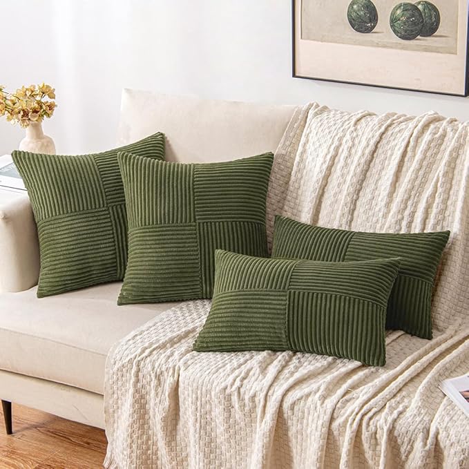 MIULEE Olive Green Decorative Euro Sham Pillow Covers 24x24 Inch for Bed Couch Sofa Spring Decor Pack of 2 Boho Farmhouse Throw Pillows Soft Cross Corduroy Patchwork Textured Cushion Cases
