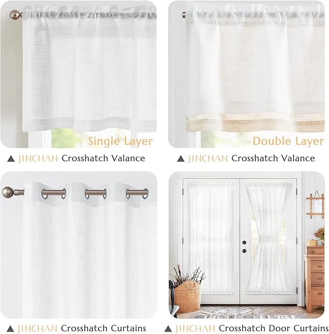 jinchan Linen Farmhouse Valances for Living Room Windows 16 Inch Slubbed Crossed Double Layer Window Valances Light Filtering Rustic Country Overlay Rod Pocket 2 Panels White