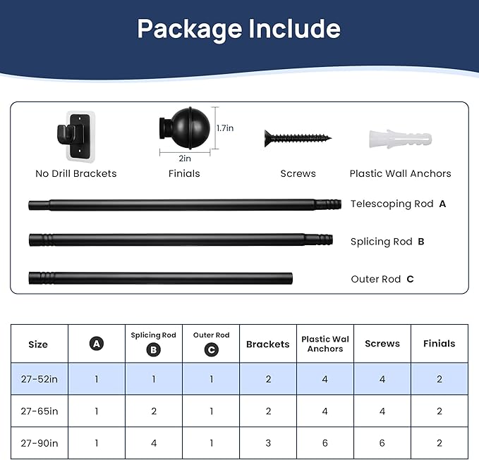 ENJOYBASICS 2 Pack No Drill Curtain Rods for Window 28 to 48 Inches, 5/8 Inch Diameter Renter Friendly Drapery Rod with Adhesive Brackets without Drilling, Adjustable from 27 to 52 Inches, Black