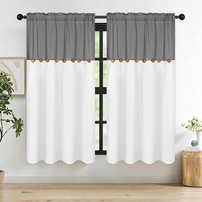FRAMICS Farmhouse Cotton Linen Curtains for Living Room, Boho Button Curtains 63 Inch Length, Grey Rustic Country Linen Window Curtains for Bedroom, Rod Pocket Curtains & Drapes, 52 x 63 Inch, Grey